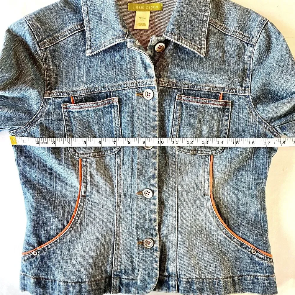 Sigrid Olsen Y2K Crop Denim Jacket Orange Piping Contrast Trim Size 2 Petite - Picture 9 of 10